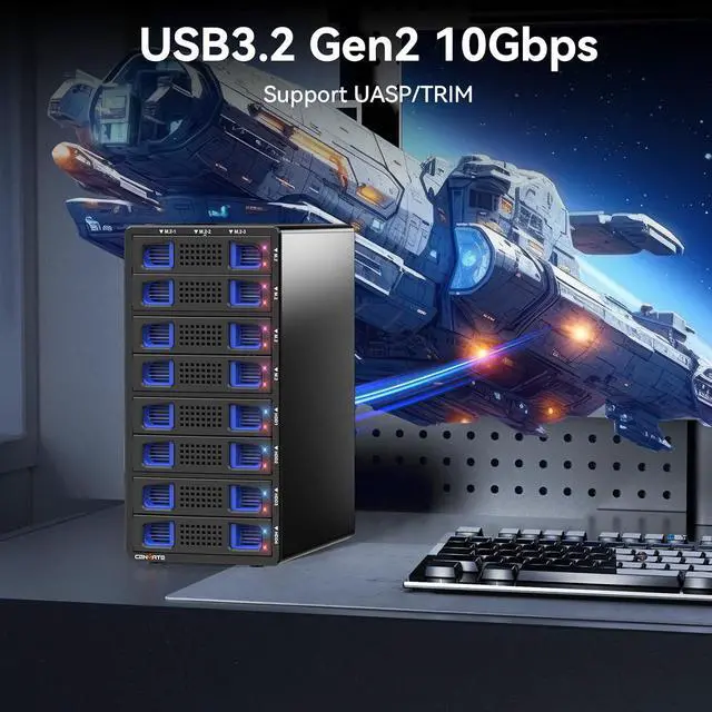 Alt view image 4 of 7 - Hybrid 4*2.5/3.5" SATA HDD/SSD+12* M / B+M Key M.2 NVMe Enclosure with Cooling Fan and USB A/C 3.2 Gen 2, Hard Drive Enclosure Support 184TB(4*22TB HDD+12*8TB 2230/2242/2260/2280/22110 SSDs)