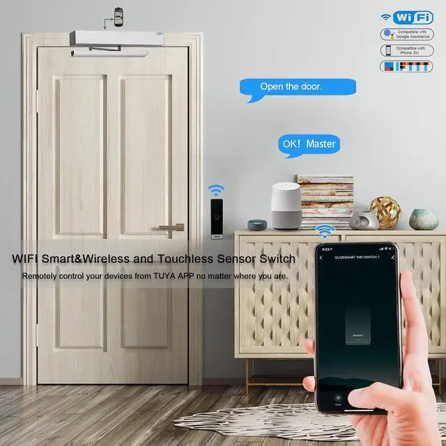Alt view image 3 of 7 - Automatic Swing Door Opener Compatible for Alexa,Google Home,Phone App,Voice Control Smart Home WiFi Touch Free Auto Door Opener with Wireless Wave Hand Sensors and Wired Receiver 510FW