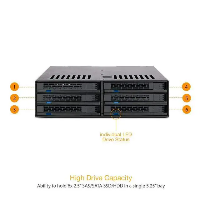 Alt view image 6 of 7 - 6 Bay 2.5 SATA HDD / SSD Hot Swap Tool-Less Backplane Enclosure with Dual Cooling Fan for 5.25 Bay | ExpressCage MB326SP-B