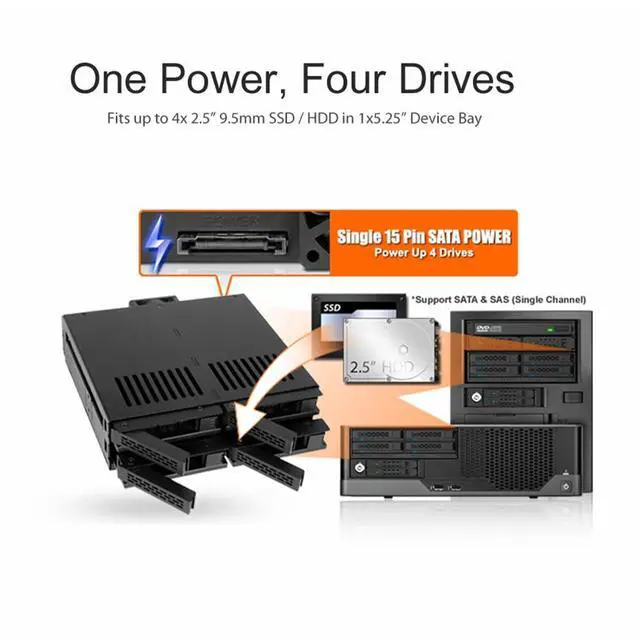 Alt view image 3 of 7 - ExpressCage MB324SP-1B 4 Bay 2.5 SATA/SAS HDD SSD Hot-Swap Mobile Rack Enclosure with Tool-Less SSD Mounting Tray for 5.25 Drive Bay (4 x SATA 7pin)