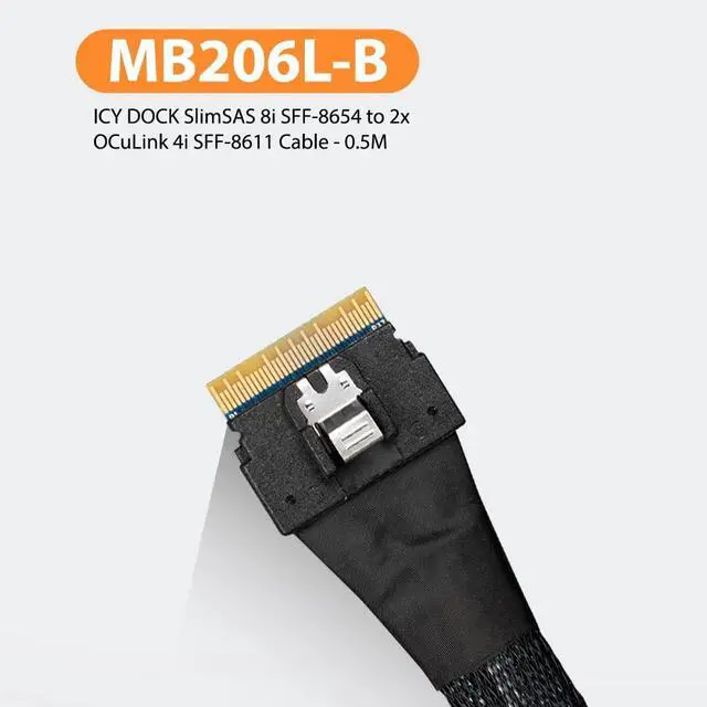 Alt view image 3 of 7 - SlimSAS 8i SFF-8654 to 2X OCuLink 4i SFF-8611 Cable - 0.5M