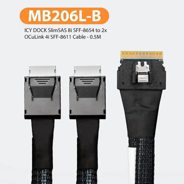 Alt view image 2 of 7 - SlimSAS 8i SFF-8654 to 2X OCuLink 4i SFF-8611 Cable - 0.5M