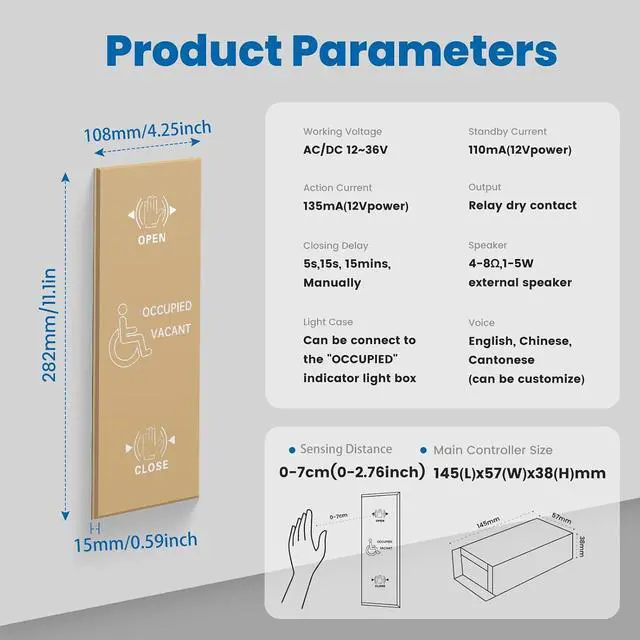 Alt view image 3 of 7 - Accessible Restroom Switch for Automatic Door Opener,Hardwired Touchless Sensor Open Restroom Panels for Washroom,Toilet,Bathroom,Restroom with Emergency Opening and Emergency Locking Function