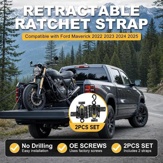 Alt view image 2 of 7 - Retractable Ratchet Straps Compatible with 2022-2025 Ford Maverick | Compatible with 2022-2025 Ford Maverick,Auto Retract Design Replaces Factory Bed Straps for Quick Cargo Securing and Easy Use