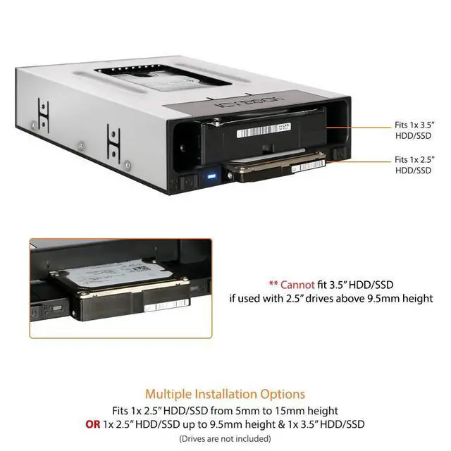 Alt view image 3 of 6 - Tray-Less 2.5" and 3.5" SATA SSD/HDD Docking Enclosure for External 5.25" Drive Bay | flexiDOCK MB795SP-B