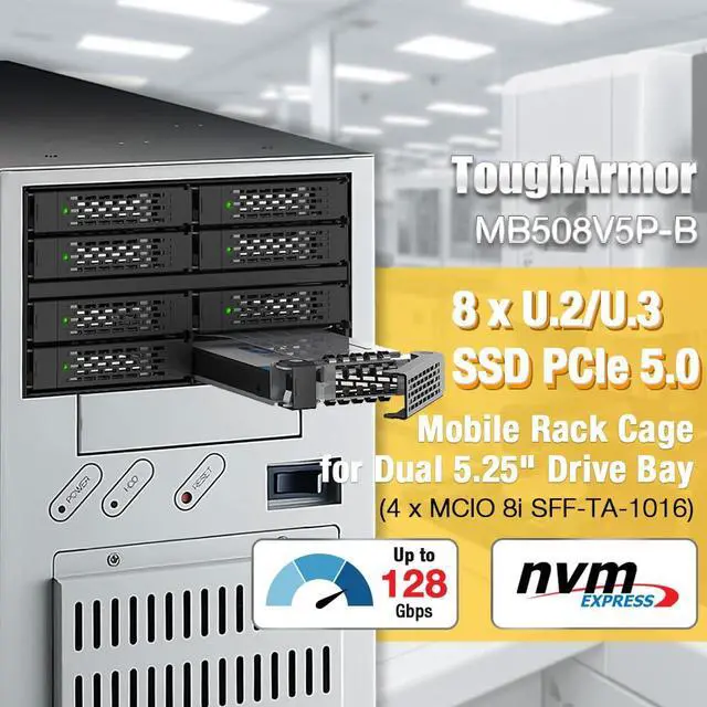 Alt view image 2 of 7 - ToughArmor MB508V5P-B 8-Bay 15 mm U.2/U.3 NVMe SSD Mobile Rack Cage for Dual 5.25" Drive Bay (4 x MCIO 8i SFF-TA-1016)