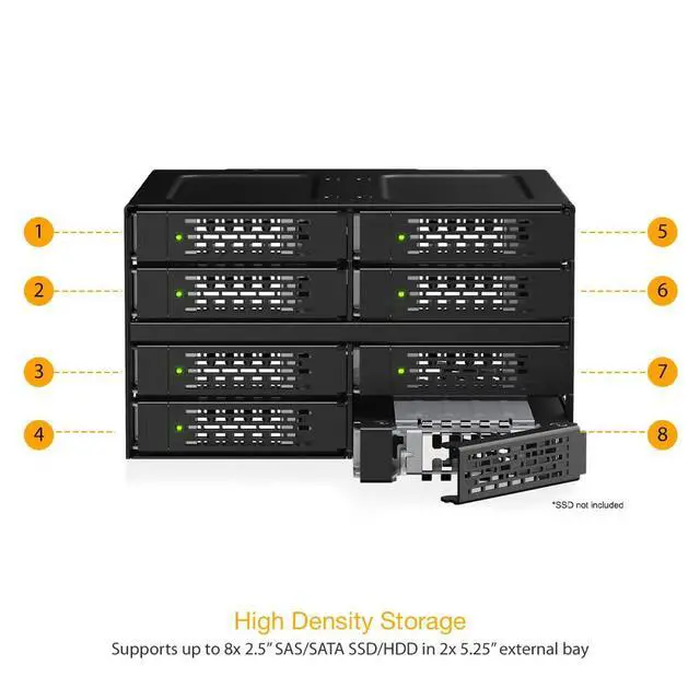 Alt view image 4 of 7 - ToughArmor MB508V5P-B 8-Bay 15 mm U.2/U.3 NVMe SSD Mobile Rack Cage for Dual 5.25" Drive Bay (4 x MCIO 8i SFF-TA-1016)