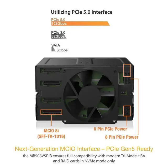 Alt view image 7 of 7 - ToughArmor MB508V5P-B 8-Bay 15 mm U.2/U.3 NVMe SSD Mobile Rack Cage for Dual 5.25" Drive Bay (4 x MCIO 8i SFF-TA-1016)