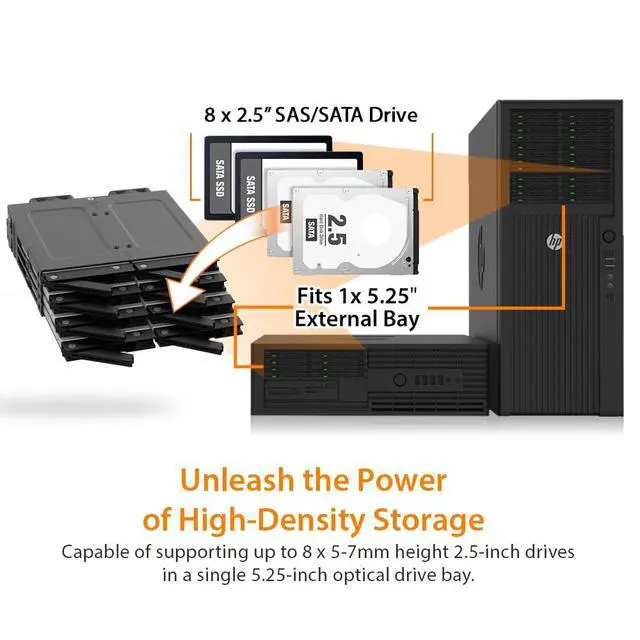 Alt view image 2 of 6 - 8 Bay 2.5" SAS/SATA HDD/SSD Mobile Rack for 5.25" Bay - ExpressCage MB038SP-B