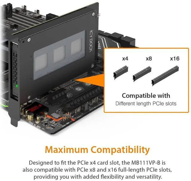 Alt view image 3 of 7 - ExpressSlot Elite MB111VP-B Removable Frame/Adapter Card for PCIe 4.0 U.2/U.3 NVMe SSD in a PCIe x4 Slot