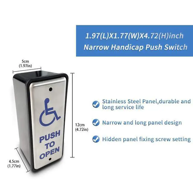 Alt view image 5 of 6 - Handicapped Push Button for Automatic Door Opener,Single Narrow Wired Stainless Steel Handicap Push Button