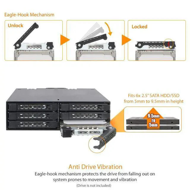 Alt view image 3 of 7 - Full Metal 6 x 2.5 SAS/SATA HDD/SSD Mobile Rack Enclosure for 5.25" Bay | ToughArmor MB996SP-6SB