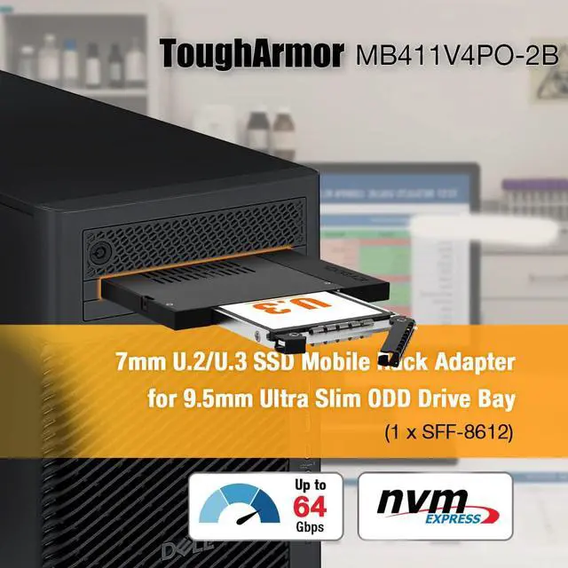 Alt view image 2 of 7 - ToughArmor MB411V4PO-2B 7mm U.2/U.3 SSD Mobile Rack Adapter for 9.5mm Ultra Slim ODD Drive Bay (1 x OCulink 4i SFF-8612)