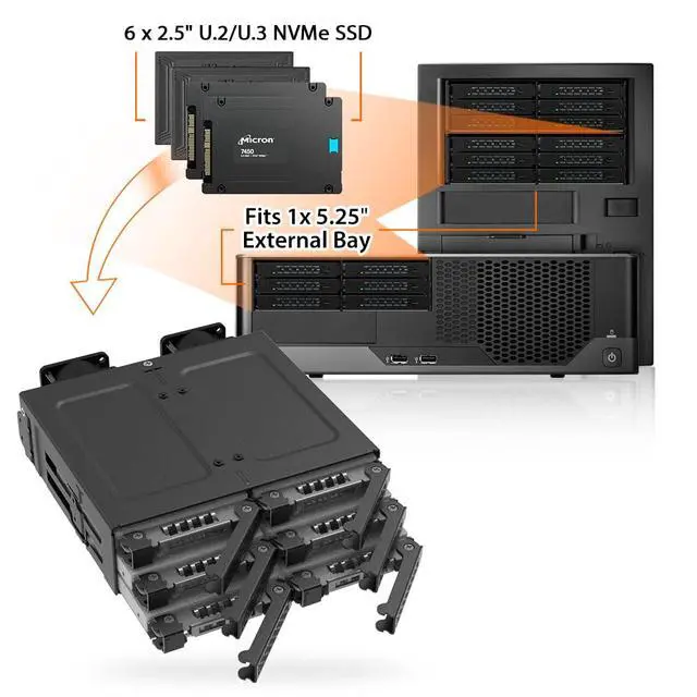 Alt view image 2 of 7 - 6 Bay U.2 / U.3 NVMe SSD(7mm) PCIe 4.0 Mobile Rack Enclosure for 5.25" Bay (SlimSAS SFF-8654 8i) - ToughArmor MB118VP-B