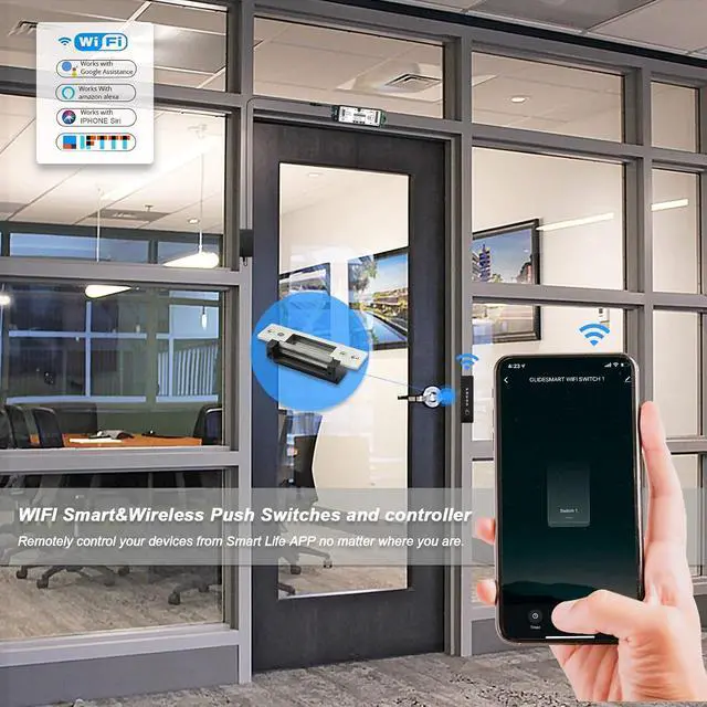 Alt view image 2 of 6 - Door Access Control System,Remote Control Door,Compatible with Phone APP,Alexa,Google,with 2.4G Wireless Smart WiFi Built in Receiver+Electric Strike +FoB Key+Slimline Wireless Push Button