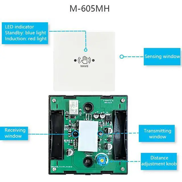 Alt view image 4 of 7 - Wired Touchless Door Switch M-605MH for Automatic Door Opener,Surface-Mounted Hand Wave Infrared Sensor to Open Door,Sensoring Distance Adjustable,1PCS Square 3.39inch Single Switch (White)