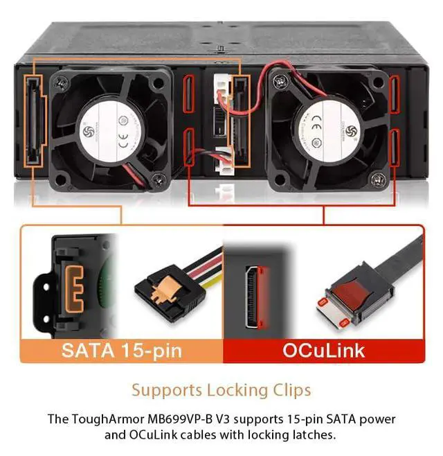 Alt view image 3 of 7 - 4 x 2.5 NVMe U.2/U.3 SSD PCIe 4.0 Mobile Rack for 5.25" Bay with OCuLink | ToughArmor MB699VP-B V3