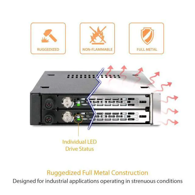 Alt view image 5 of 7 - Rugged Full Metal 2 x 2.5 SATA/SAS HDD & SSD Mobile Rack for External 3.5" Drive Bay with Key Lock & Thumb Screw Design | ToughArmor MB492SKL-B