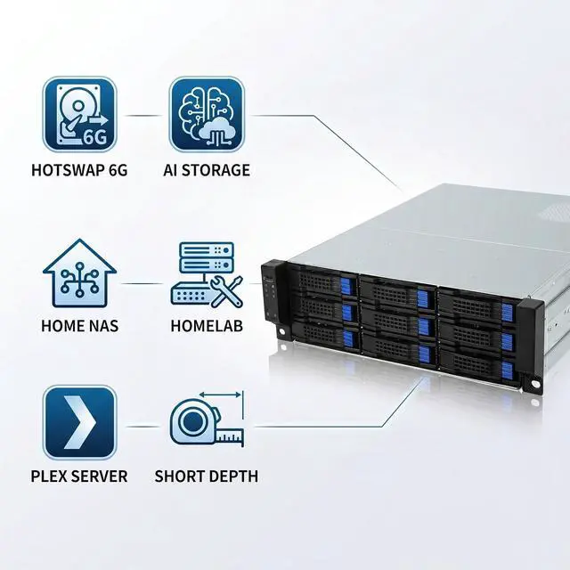 Alt view image 6 of 7 - M-ATX/Mini-ITX 2U Rackmount Depth 21.5" Server Chassis 6Gbps hotswap 12bays Support ATX PSU with 120mm Fan, Include Sliding Rail and Minisas to SATA Cables