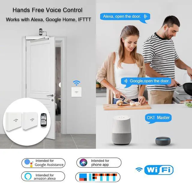 Alt view image 2 of 7 - Smart WiFi Black Automatic Touch Free Door Opener Compatible for Alexa,Google Assistant,with 2PCS Wireless White Infrared Have Wave Sensor Switches M-605MHW and 1PCS Wired Receiver