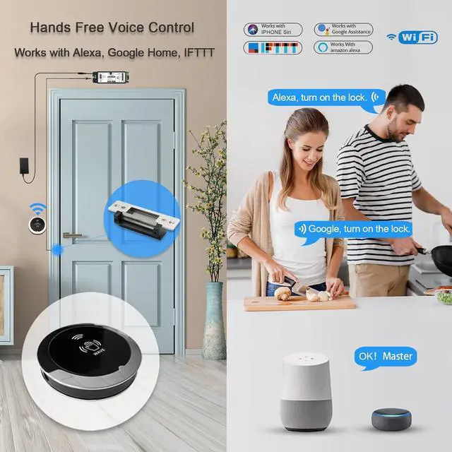 Alt view image 3 of 6 - Door Entry Locking System,Compatible with Alexa,Google,Phone App,Hand Free Door Access Control Kit,Smart WiFi Built in Receiver+Electric Strike+Touchless Wave Hand Sensor+FoB Keys