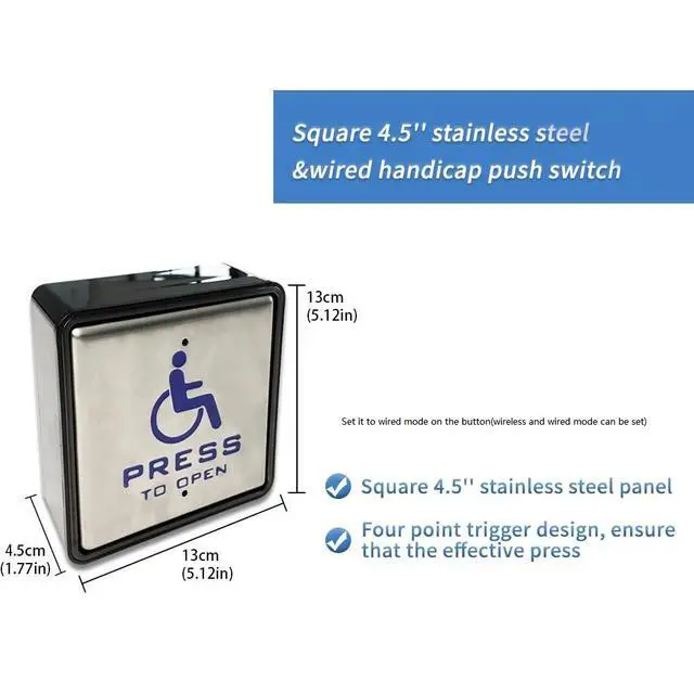Alt view image 5 of 5 - Hardwired Door Push Switch for Handicapped Stainless Steel Panel 4-1/2''(L) X4-1/2''(W) Without Receiver