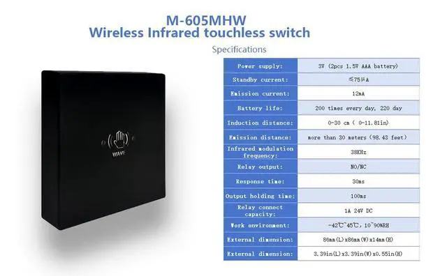 Alt view image 6 of 7 - Wireless Infrared Non-Touch Switch M-605MHW for Electric Door Opener,Hand Wave Sensor Open Door,Sensoring Distance Adjustable,Include 2PCS Wireless Switches and 1PCS Wired Receiver (Black)