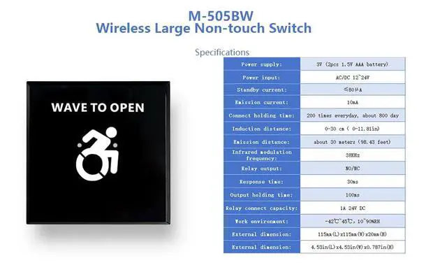 Alt view image 5 of 6 - Wireless Large Non-Touch Switch M-505BW for Auto Handicap Door Opener,Hand Wave to Open Door,Sensoring Distance Adjustable,Include 2PCS Wireless Switches and 1PCS Wired Receiver