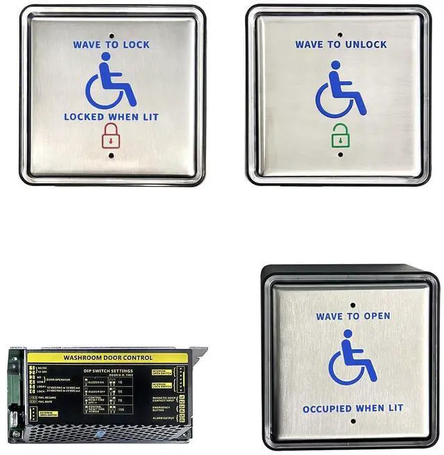 Main image of Handicap Hand Wave Sensing Switch Kits for Washroom,Work with Automatic Door Opener,Include 1pcs Outer Hand Wave Sensor Panel,1pcs Inter Open and Lock Door Panel,1pcs Controller
