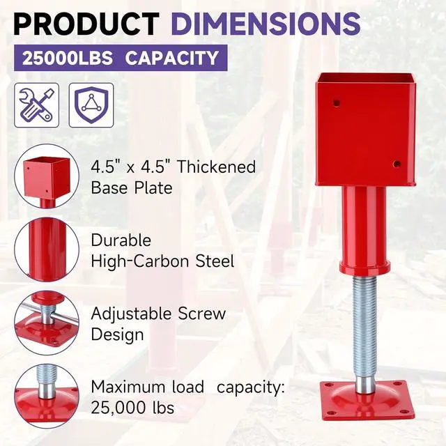 Alt view image 4 of 7 - 4.5"x4.5" Adjustable Screw Jack Post Floor Support 25000LB Capacity 2 Pack | Heavy Duty Temporary Support Jack Adjusts 10.24-13.78 Inches for Beams, Crawlspaces, Basements and Floor Leveling Projects