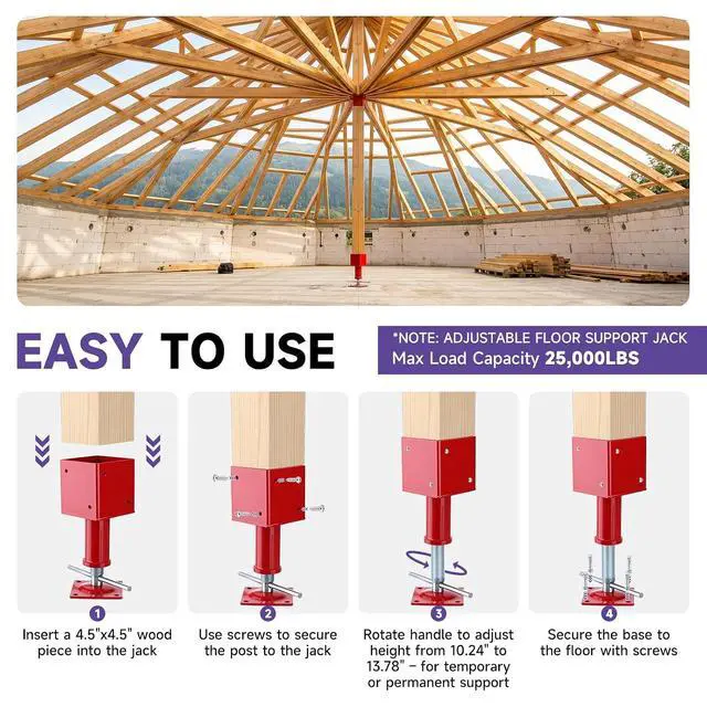 Alt view image 5 of 7 - 4.5"x4.5" Adjustable Screw Jack Post Floor Support 25000LB Capacity 2 Pack | Heavy Duty Temporary Support Jack Adjusts 10.24-13.78 Inches for Beams, Crawlspaces, Basements and Floor Leveling Projects