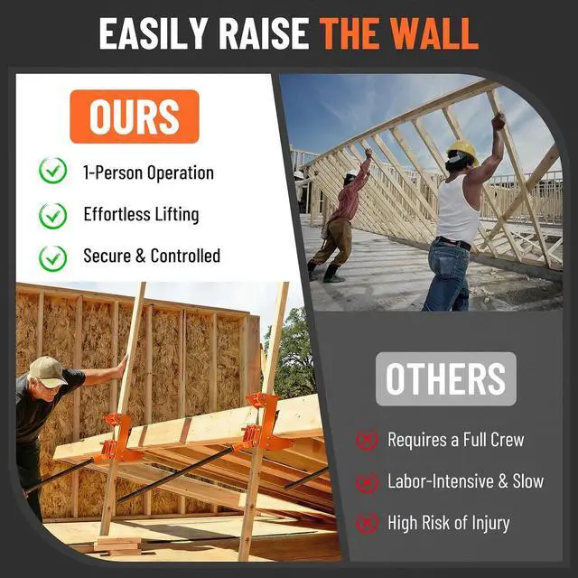 Alt view image 3 of 7 - 2 Pack Wall Jacks for Framing, 1000 lbs Heavy Duty Wall Lifting Jacks for Framing, Beams & Decks, Portable Wall Jack Works with 2x4 Lumber Poles, Orange (Lumber and Steel Pipe Not Included)