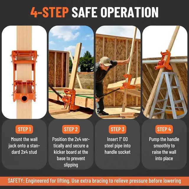 Alt view image 7 of 7 - 2 Pack Wall Jacks for Framing, 1000 lbs Heavy Duty Wall Lifting Jacks for Framing, Beams & Decks, Portable Wall Jack Works with 2x4 Lumber Poles, Orange (Lumber and Steel Pipe Not Included)