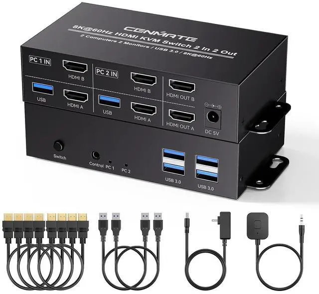 Main image of 8K@60Hz HDMI KVM Switch 2 Monitors 2 Computers, with 4 USB 3.0 Ports for 2 Computers Sharing Dual Monitors Keyboard Mouse Printer with 4 HDMI Cables, 2 USB Cables, Power Adapter and Controller