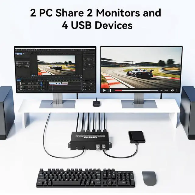 Alt view image 2 of 7 - 8K@60Hz HDMI KVM Switch 2 Monitors 2 Computers, with 4 USB 3.0 Ports for 2 Computers Sharing Dual Monitors Keyboard Mouse Printer with 4 HDMI Cables, 2 USB Cables, Power Adapter and Controller