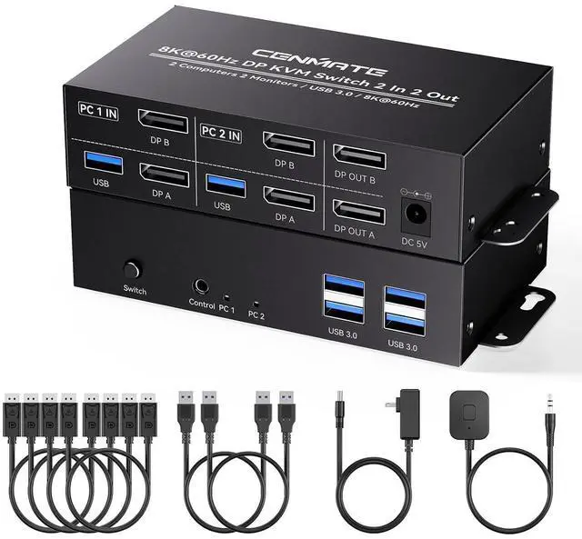 Main image of 8K@60Hz Displayport KVM Switch 2 Monitors 2 Computers,Aluminum with 4 USB 3.0 Ports for 2 Computers Share DualMonitors Keyboard Mouse Printer with 2 USB Cables/PowerAdapter/Controller