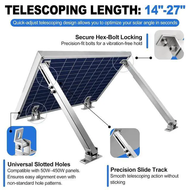 Alt view image 3 of 7 - Adjustable Solar Panel Tilt Mount Brackets - 14-27 Inch Aluminum Adjust Solar Panel Mount for 100W-450W Panels, Heavy Duty Solar Panel Stand for RV Roof, Boat, Camping, Wall and Ground, 2 Pack