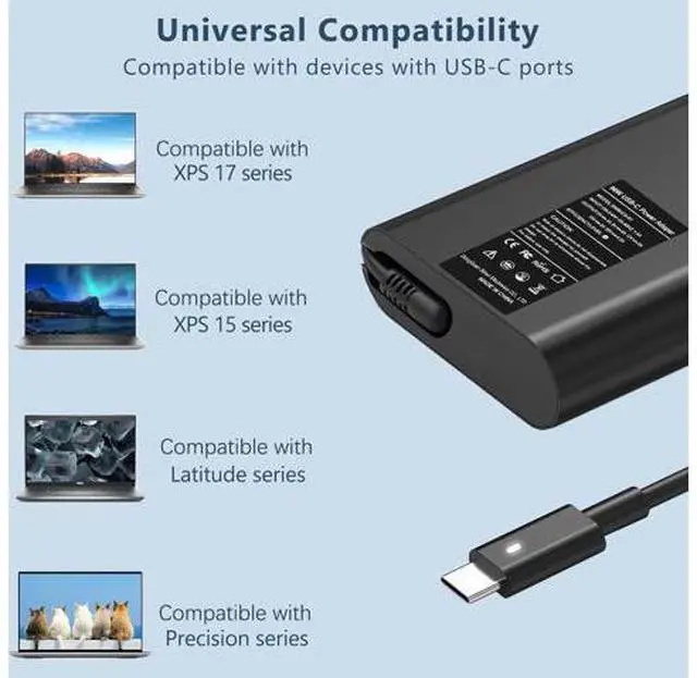 Alt view image 6 of 7 - New Slim 90W Laptop Charger USB C Replacement for Latitude 5420 5520 7480 7490 7420 Chromebook 3100 XPS 13 9360 XPS15 9550 9560 DA65NM190 LA65NM190 Type C AC Adapter Power Cord