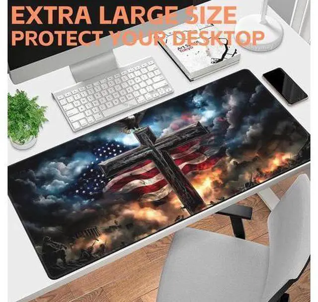 Alt view image 6 of 6 - Mouse Pad Large A Cross with an Eagle Non-Slip Game Desk Mat with Stitched Edge Laptop Keyboard Desk Pad for Work Home Gaming (35.4 x 15.7 Inches)