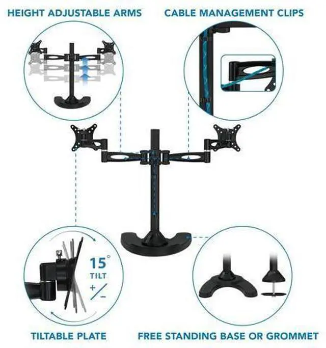 Alt view image 3 of 5 - Mount-It! Free Standing Dual Monitor Stand | Double Arm Desk Mount Fits Two x 21 24 27 Inch Computer Screens | 2 Heavy Duty Full Motion Adjustable Arms | VESA 75 100 Compatible | Grommet Base Included