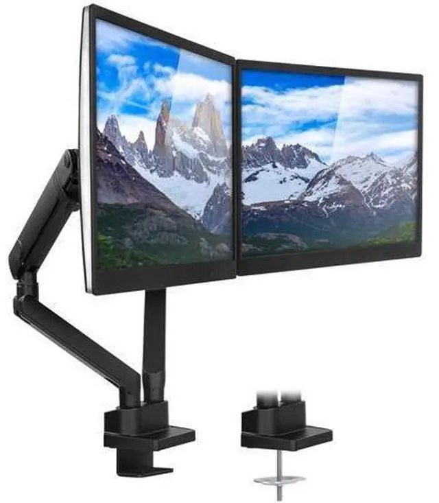Main image of Mount-It! Dual Monitor Arm Mount Desk Stand | Premium Quality | Articulating Mechanical Spring Height Adjustable | Fits Two 24 27 29 30 32 Inch VESA 75 100 Compatible Screens | C-Clamp and Grommet