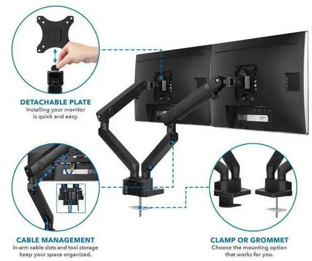 Alt view image 3 of 5 - Mount-It! Dual Monitor Arm Mount Desk Stand | Premium Quality | Articulating Mechanical Spring Height Adjustable | Fits Two 24 27 29 30 32 Inch VESA 75 100 Compatible Screens | C-Clamp and Grommet