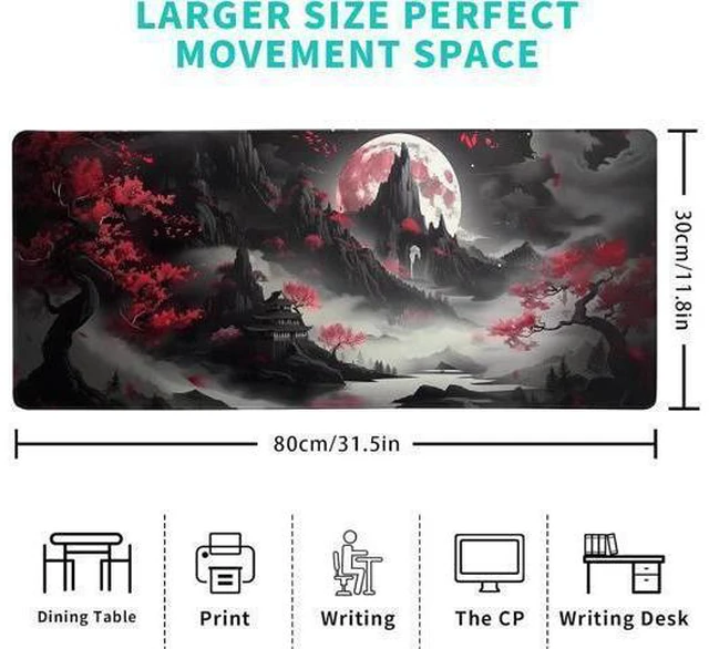 Alt view image 2 of 7 - Japanese Desk Mat Red Full Moon Desk Pad Black Riverside Large Mouse Pad Gaming Mousepad Extended XL Keyboard Pad 31.5 x 11.8 in Laptop Computer Mouse Keyboard Mat for Office Desk Decor