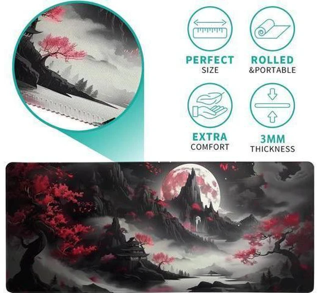 Alt view image 5 of 7 - Japanese Desk Mat Red Full Moon Desk Pad Black Riverside Large Mouse Pad Gaming Mousepad Extended XL Keyboard Pad 31.5 x 11.8 in Laptop Computer Mouse Keyboard Mat for Office Desk Decor