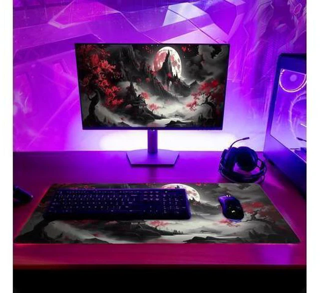 Alt view image 6 of 7 - Japanese Desk Mat Red Full Moon Desk Pad Black Riverside Large Mouse Pad Gaming Mousepad Extended XL Keyboard Pad 31.5 x 11.8 in Laptop Computer Mouse Keyboard Mat for Office Desk Decor