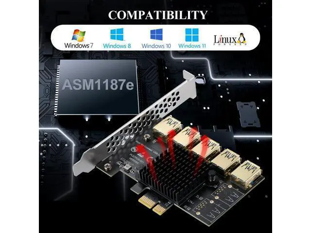 Alt view image 2 of 7 - PCI-E 1 to 5 Riser Card,PCI-E 1X to 5 PCI-E USB3.0 Adapter Multiplier Card,Pcie Splitter 1 to 5 PCIE Riser Card for Bitcoin Ethereum Mining