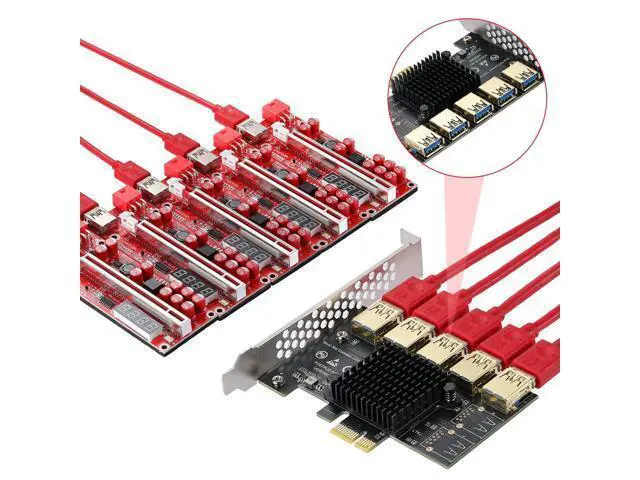 Alt view image 6 of 7 - PCI-E 1 to 5 Riser Card,PCI-E 1X to 5 PCI-E USB3.0 Adapter Multiplier Card,Pcie Splitter 1 to 5 PCIE Riser Card for Bitcoin Ethereum Mining