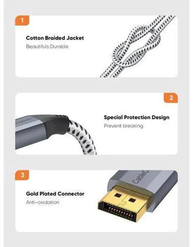 Alt view image 6 of 7 - 8K DisplayPort Cable 10 FT/3M, DP to DP Cable 1.4,Support 8K@60Hz, 4K@144Hz, 2K@165Hz Video Resolution & HDR,Gray