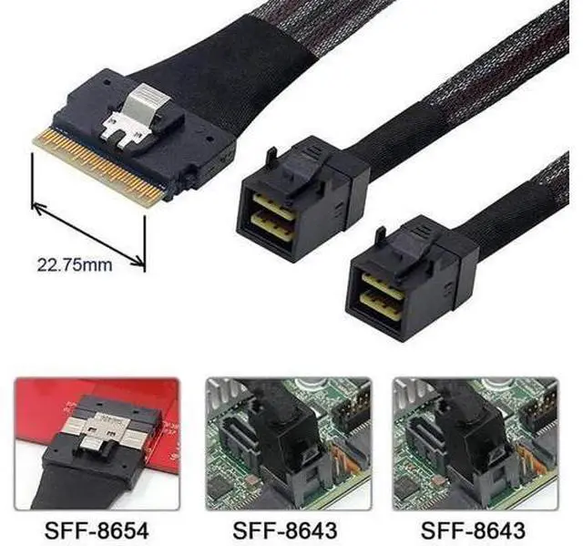 Alt view image 5 of 7 - PCI-E Ultraport Slimline SAS Slim 4.0 SFF-8654 8i 74pin to Dual SFF-8643 4i Mini SAS HD Cable PCI-Express 50cm
