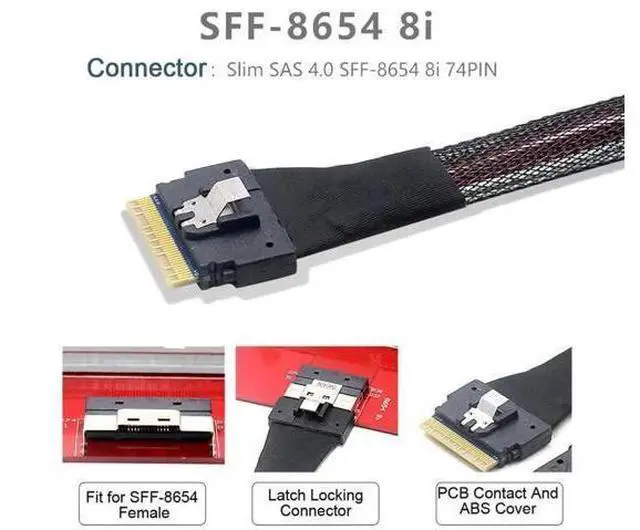 Alt view image 2 of 7 - PCI-E Slimline SAS 4.0 SFF-8654 8i 74pin Host to SFF-8654 74Pin Slim SAS Target Cable 50cm